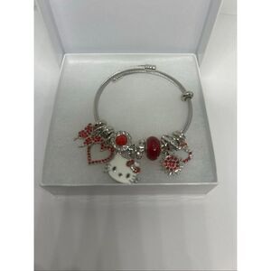 ❤️ Hello Kitty Red Charm Bracelet – Silver Tone – Rhinestones & Beads – Gift Box
